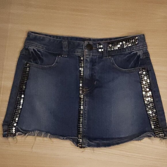 Mary-Kate & Ashley Distressed Denim Sequin Skirt 10 - Picture 1 of 6